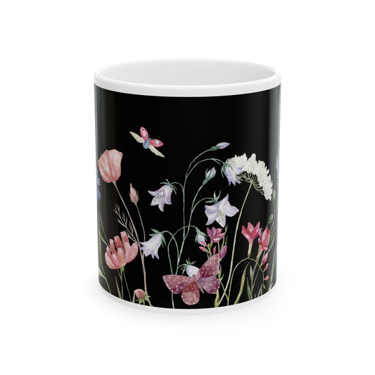 Delicate Painted Flowers with Butterfly on Field of Black - 11oz mug