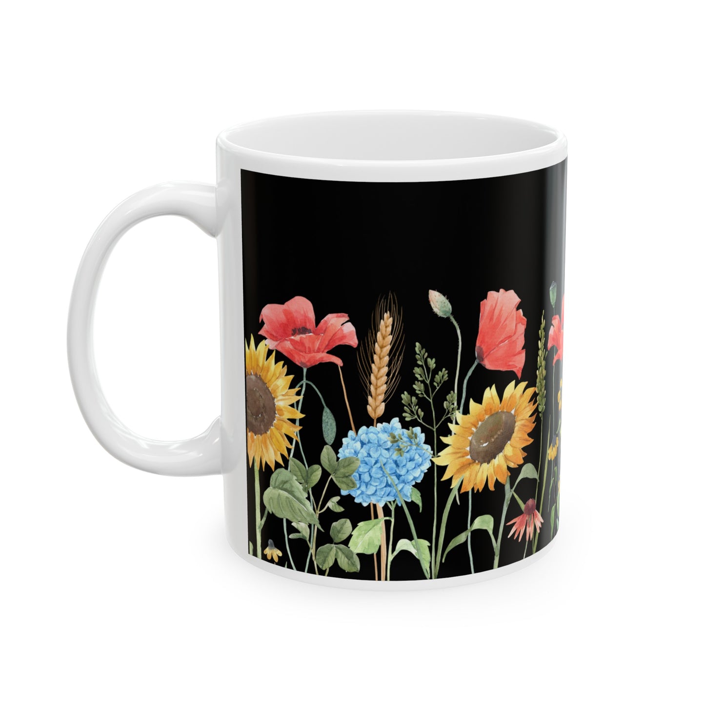 Poppies and Sunflowers on Black - 11oz mug